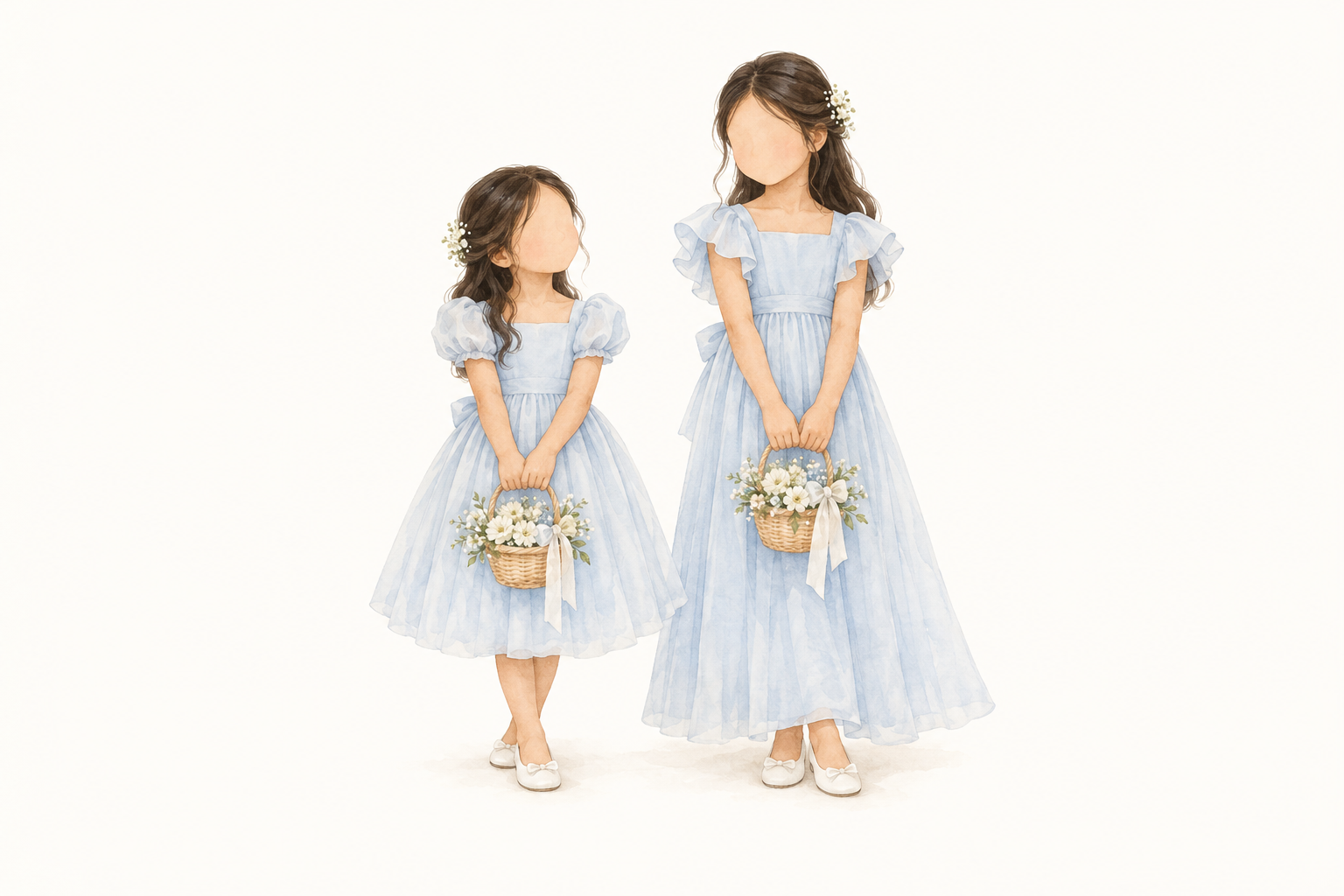Watercolor little flower girls in age appropriate baby powder blue dresses, holding flower baskets