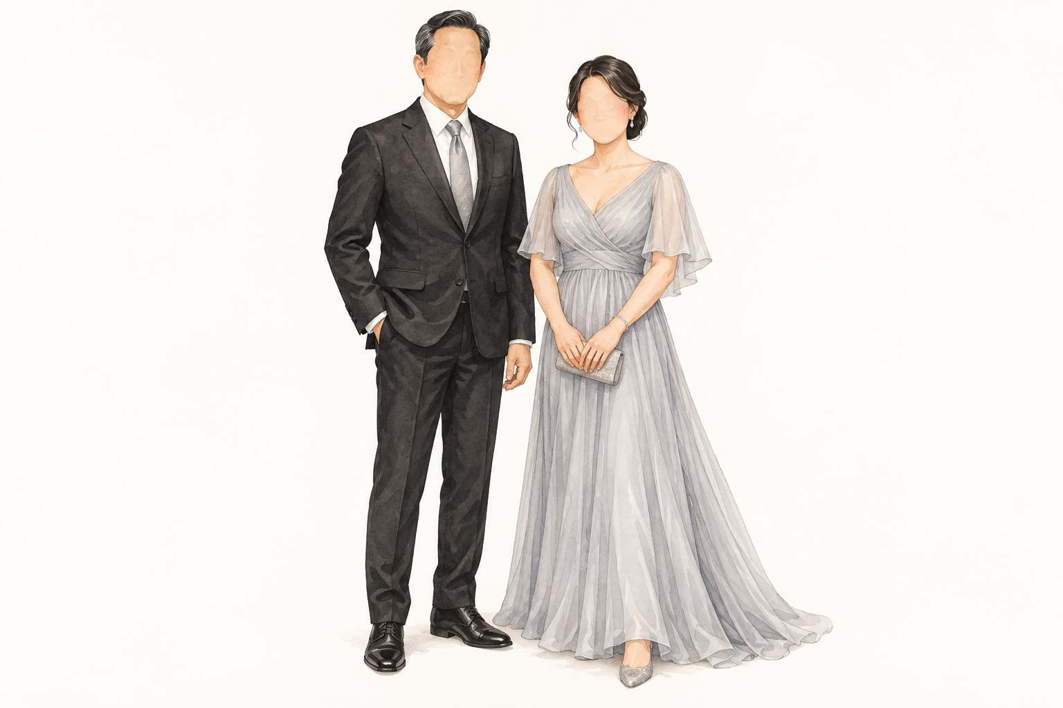 Watercolor principal sponsors: a gentleman in a black suit with a silver gray necktie and a lady in a silver gray gown